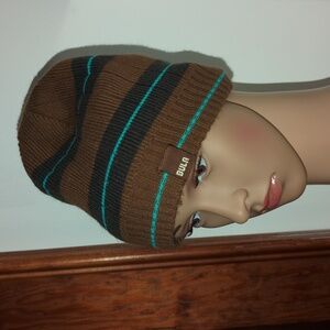 🤎 Fleece Lined Bula Brown Black, Blue Striped Beanie Small Unisex